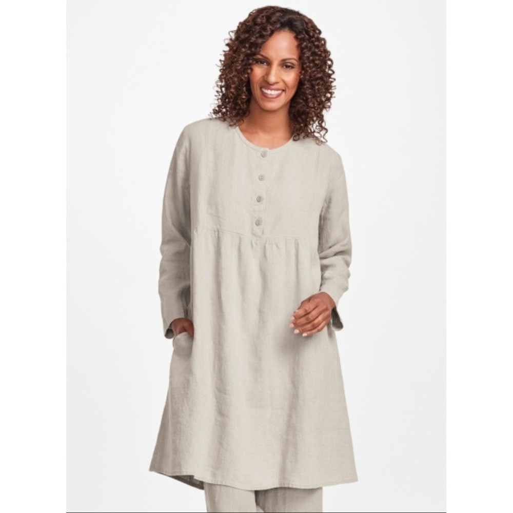 FLAX 100% Linen Beige Dress Boho Lagenlook Plus Size 3G